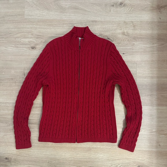 Women’s Red LL Bean 100% Cotton Cable Knit Full Zip Sweater Size Medium - Picture 2 of 6